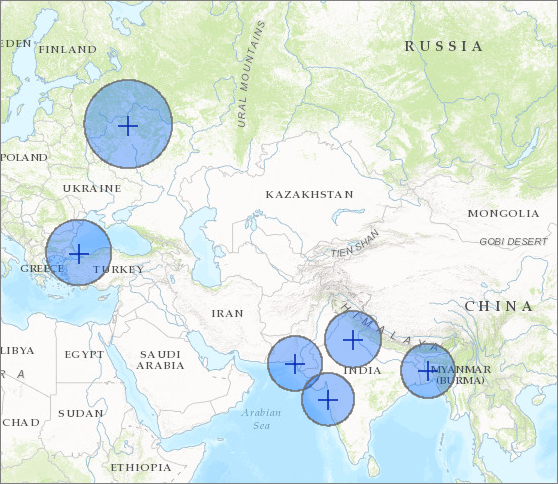 300-mile buffers displayed in different parts of the world